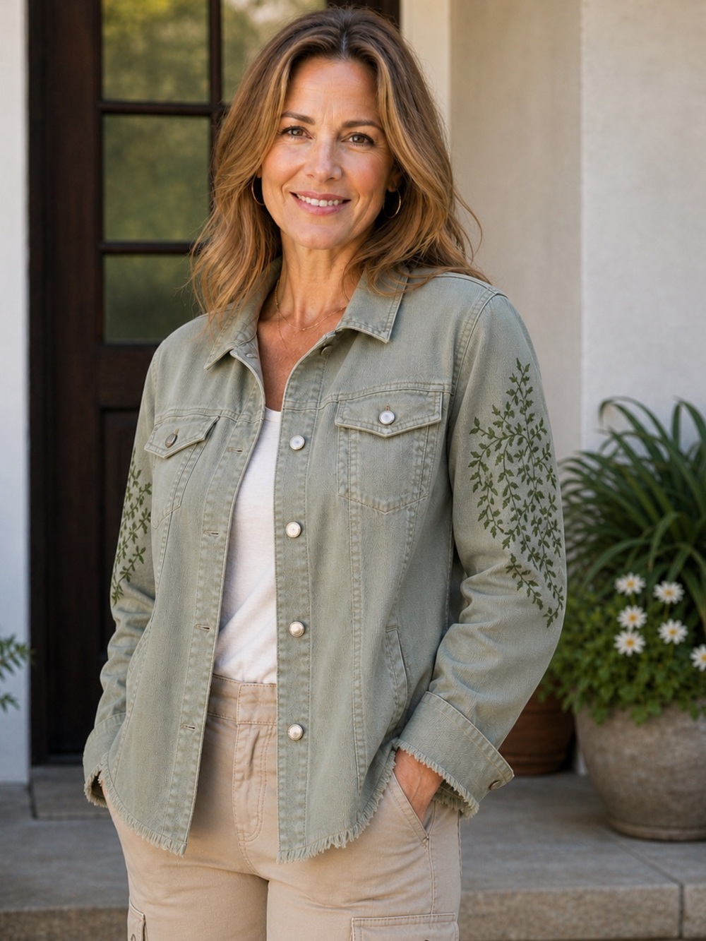 Chico's Sage Green Embroidered Denim Jacket, size 2 (Large 12/14)